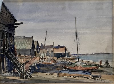 Lot 163 - 20th century watercolour study, boats on a shore (indistinctly signed)