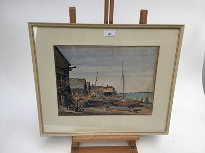 Lot 163 - 20th century watercolour study, boats on a shore (indistinctly signed)