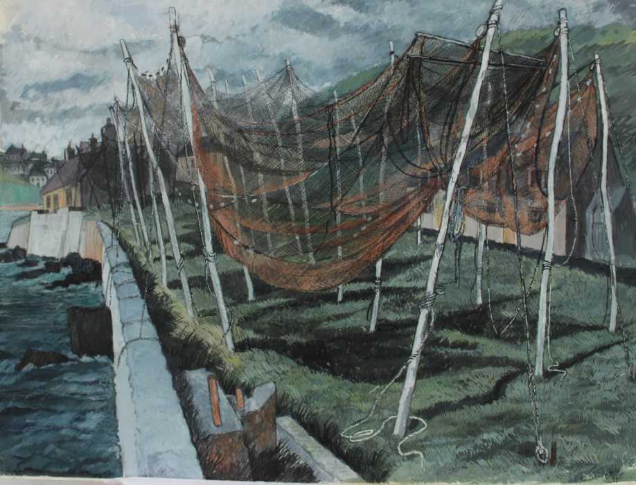 Lot 30 - *Dione Page (1936-2021) gouache and pastel on paper laid on card - 'The Salmon Nets', signed titled and dated '94, 79cm x 60cm, unframed