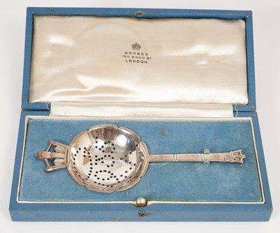 Lot 436 - 1930s silver tea strainer, commemorating the Silver Jubilee of King George V, original Asprey  case