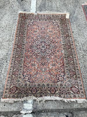 Lot 1476 - Kashmir handknotted part silk rug, with central medallion issuing foliage, in foliate meander borders, 153 x 91cm