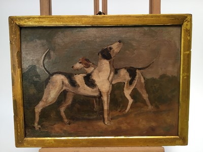 Lot 157 - English School, oil on panel - Two Hounds in Landscape, 24cm x 33cm, in gilt frame