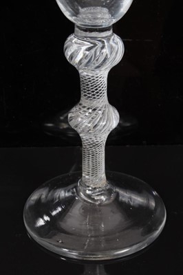 Lot 262 - 18th century wine glass with bell-shaped bowl, double knoped air twist stem on splayed foot 16 cm