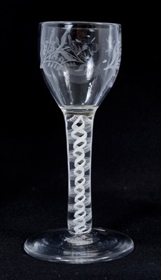 Lot 267 - 18th century wine glass with floral spray engraved bowl on double opaque twist stem on splayed foot 13cm