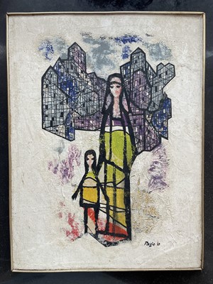 Lot 283 - Attributed to Frederick Hutchison Page (1908-1984) mixed media on board - Mother and Child, signed Page and dated '67, 43cm x 32.5cm, in period frame