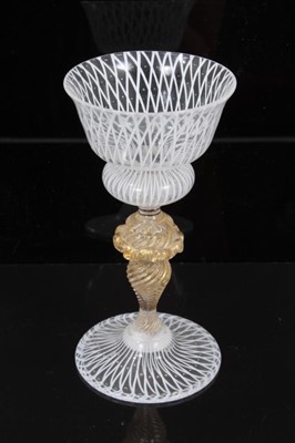 Lot 275 - Fine Venetian wine glass with opaque lattice work and gold splash twist stem on lattice foot 12cm high