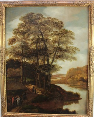 Lot 1215 - Continental School, 18th century, oil on panel - extensive river landscape with figures, 90cm x 70cm, in gilt frame