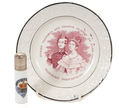 Lot 168 - The Wedding of H.M.Queen Victoria and H.R.H.Prince Albert, February 10th 1840-scarce commemorative china plate with printed portraits of the Royal couple within moulded Crown and floral scroll bord...