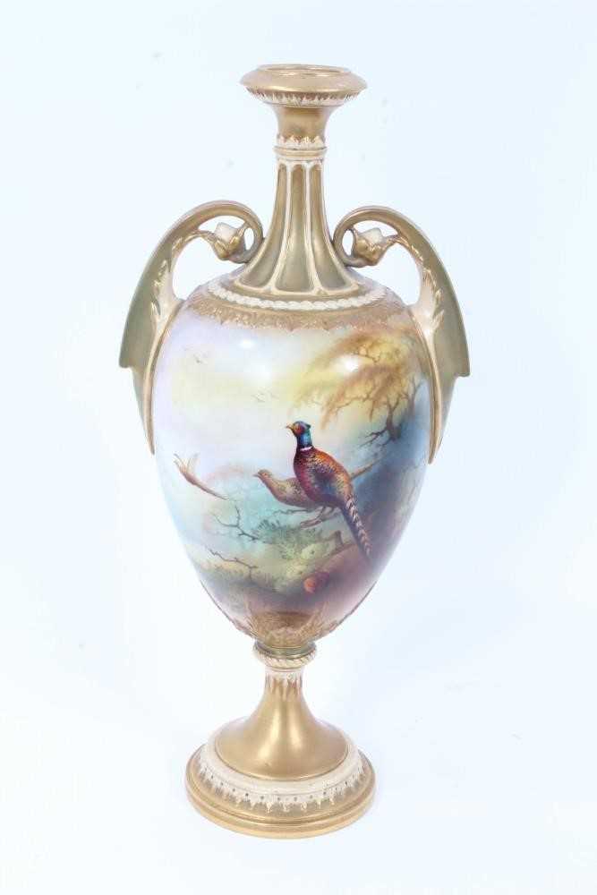 Lot 292 - Royal Worcester twin-handled vase, hand painted with pheasants and signed A Lewis, dated code for 1907, 29.5cm high