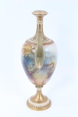 Lot 292 - Royal Worcester twin-handled vase, hand painted with pheasants and signed A Lewis, dated code for 1907, 29.5cm high