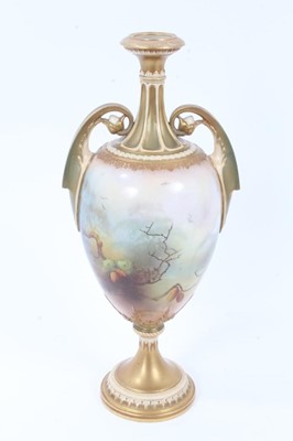 Lot 292 - Royal Worcester twin-handled vase, hand painted with pheasants and signed A Lewis, dated code for 1907, 29.5cm high