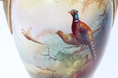 Lot 292 - Royal Worcester twin-handled vase, hand painted with pheasants and signed A Lewis, dated code for 1907, 29.5cm high