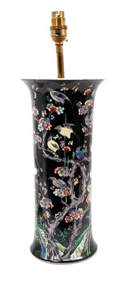 Lot 293 - Late 19th century Chinese famille noire porcelain sleeve vase, painted with birds perched amongst prunus blossom, converted to a lamp, 34.5cm high without lamp fitting