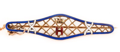Lot 174 - H.R.H.Prince Henry Duke of Gloucester, fine 1920s 9ct gold and enamel Royal presentation brooch with central crowned H cipher on gold lattice work ground within enamel border, pin backing and gold...