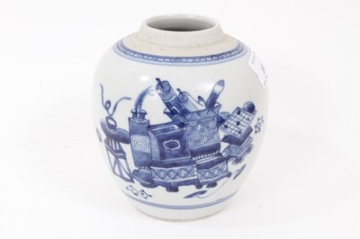Lot 189 - 19th century Chinese blue and white porcelain jar, painted with precious objects, 13.5cm high