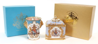 Lot 178 - The Golden Jubilee 2002, Royal Collection limited edition porcelain beaker decorated with Royal Arms in fitted box, The Diamond Jubilee 2012, Royal Collection Limited edition porcelain caddy decora...