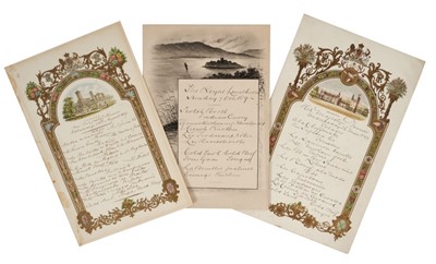 Lot 146 - H.M.Queen Victoria, three ornate dinner and luncheon menus for Osborne 10th August 1887, Balmoral 26th May 1897 and 7th October 1892