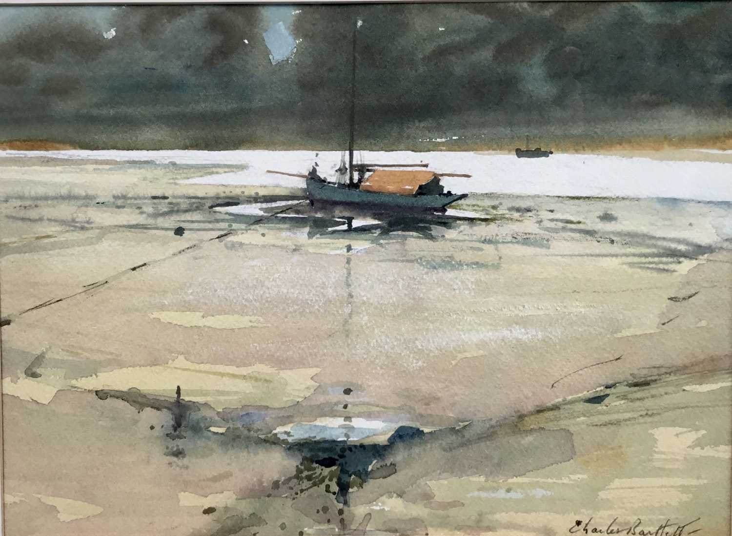 Lot 61 - Charles Bartlett (1921-2014), watercolour - Waiting the Tide, signed, 25cm x 34cm, in glazed frame