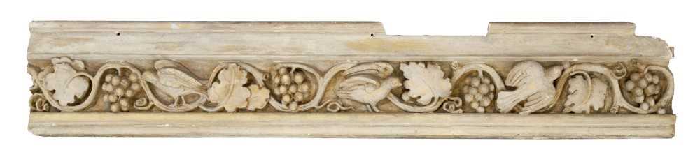 Lot 902 - Late 19th century Arts and Crafts architectural frieze, finely modelled with scrolling vines and birds, 148cm long