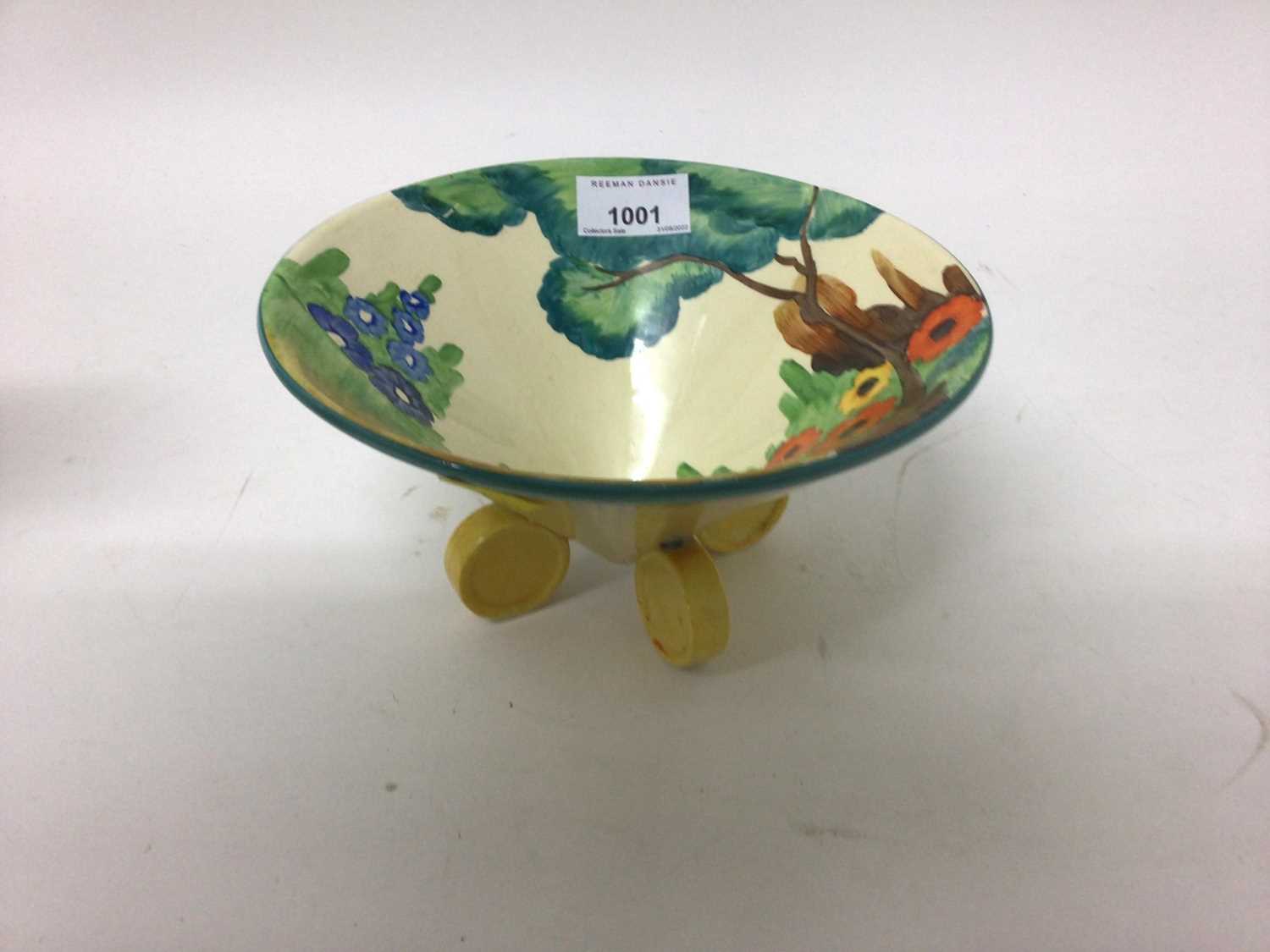 Lot 1001 - Art Deco Clarice Cliff Bizarre 'Fragrance' pattern bowl of conical form with four circular disc feet.