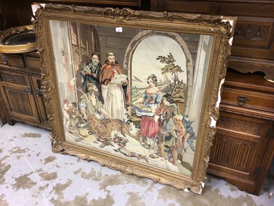 Lot 589 - Large 19th century Berlin woolwork tapestry, depicting interior scene of figures and game, in glazed gilt frame, total size 127 x 115cm