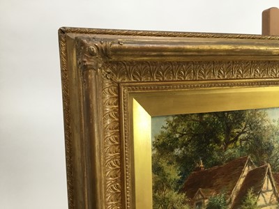 Lot 162 - Robert John Hammond (act.1879-1911) oil on canvas - figures before a rural farmstead, signed and dated 1901, in gilt frame