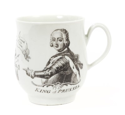 Lot 1 - A Worcester porcelain bell-shaped mug, transfer-printed in black with the King of Prussia, circa 1757, 8cm high