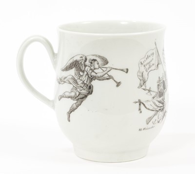 Lot 1 - A Worcester porcelain bell-shaped mug, transfer-printed in black with the King of Prussia, circa 1757, 8cm high