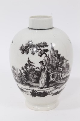 Lot 7 - A Worcester tea caddy, circa 1770, printed by Robert Hancock with Lady Watering Garden and L'Amour, 13cm high