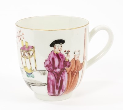 Lot 13 - A Worcester coffee cup, circa 1768, decorated with colourful Chinese figures, including a boy climbing through the window and two men by tables, Zorensky collection label, 6.5cm high