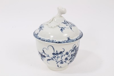 Lot 27 - Worcester blue and white sucrier and cover, circa 1765, decorated in the Mansfield pattern, crescent mark to base, 13cm high