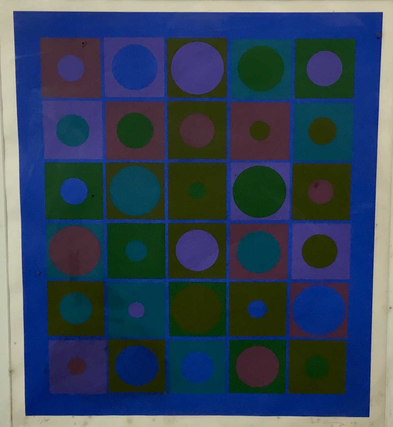 Lot 247 - Bob Crossley (1912-2010) silkscreen - Variations 25, signed and numbered 1/75, titled to Mansard Art Gallery label verso, image 54 x 46cm, glazed frame