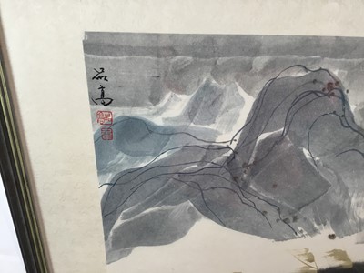 Lot 298 - Wei Pingao (b 1947) ink, Trees and grey mountains, signed, 33 x 44cm, together with another Chinese brush painting, inscribed verso Chan Fangchung. (2)