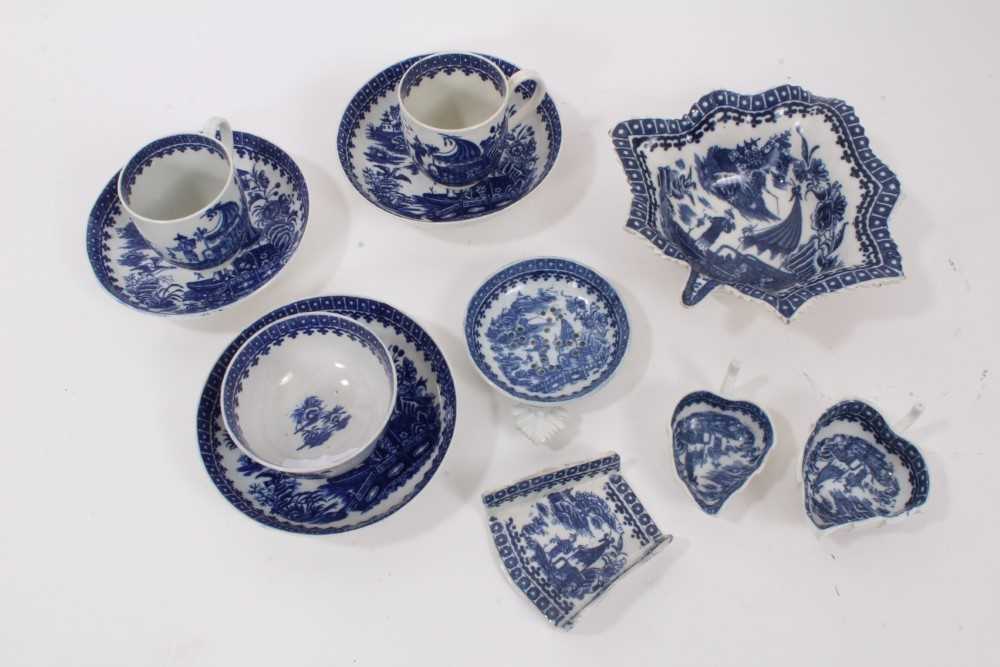 Lot 42 - Quantity of 18th century Worcester and Caughley blue and white Fisherman and Cormorant pattern porcelain, including a large leaf-shaped pickle dish, asparagus server, two sets of cups and saucers,...