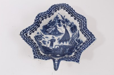 Lot 42 - Quantity of 18th century Worcester and Caughley blue and white Fisherman and Cormorant pattern porcelain, including a large leaf-shaped pickle dish, asparagus server, two sets of cups and saucers,...