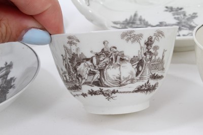 Lot 44 - Worcester porcelain teawares with black printed scenes by Hancock, including tea bowl, saucer and leaf-shaped dish with L'Amour, tea bowl and saucer with Milkmaids, and two saucers with ruins (7)