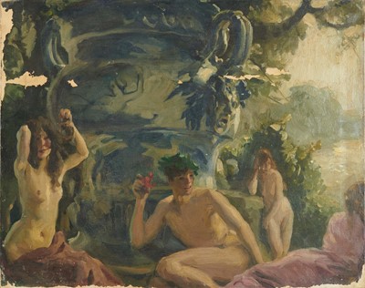 Lot 1037 - *Gerald Spencer Pryse (1882-1956) oil on canvas - Nudes and Fountain, titled to exhibition label verso, 62cm x 76cm