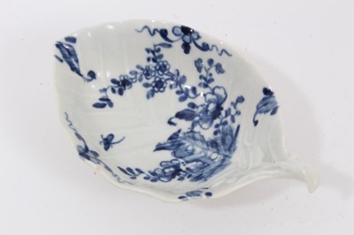 Lot 57 - A Worcester blue and white leaf moulded dish, circa 1758, painted with the Two Peony Rock Bird pattern, workman's mark