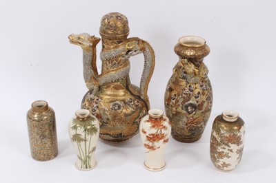 Lot 69 - Good group of 19th century Japanese Satsuma ceramics, including four miniature vases, a ewer with dragon spout, and a vase (6)