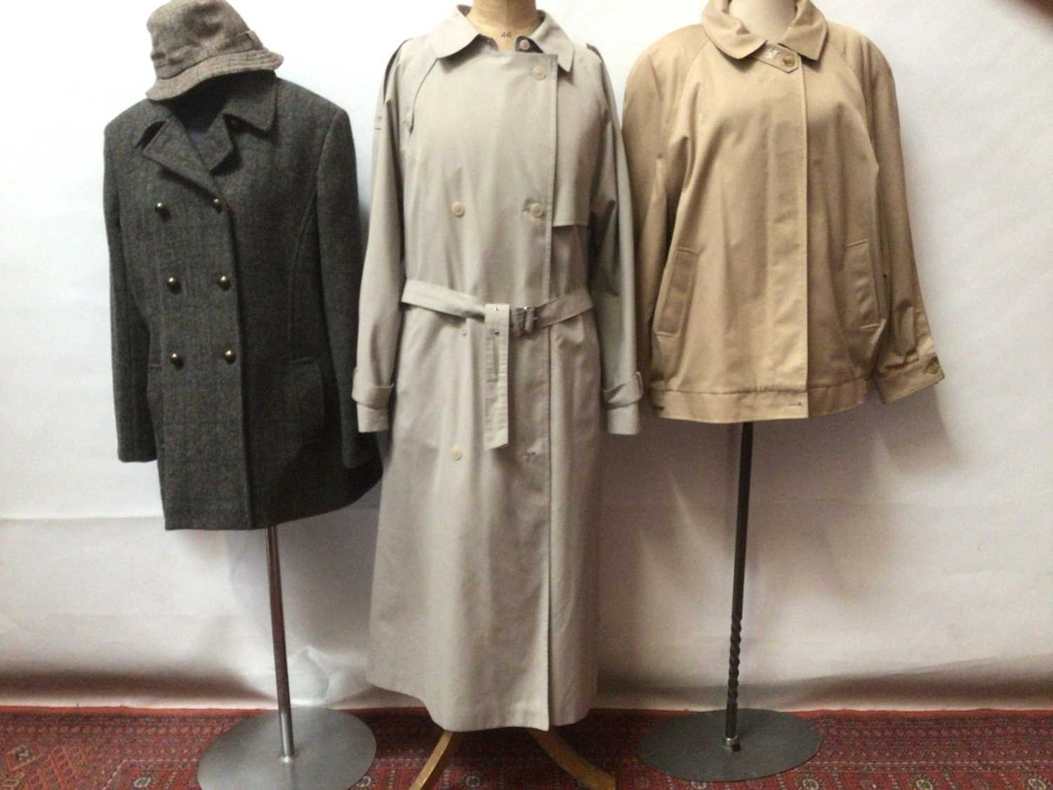 Lot 2067 - Burberrys' London cream Harrington jacket size 16 Regular, Hucke stone trench coat and a House Bruar tweed jacket with tweed hat by Green Grove Weavers.