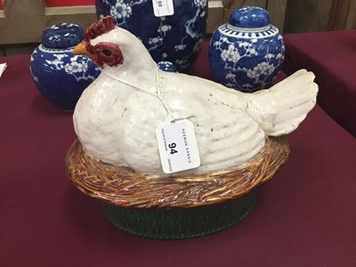 Lot 94 - A Minton majolica hen crock, mid 19th century, with white feathers, stamped marks, 20cm high
