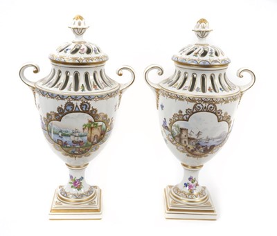Lot 95 - A pair of good quality 20th century Dresden porcelain urns and covers, painted with harbour scenes on a patterned ground, marks to bases, 41cm high