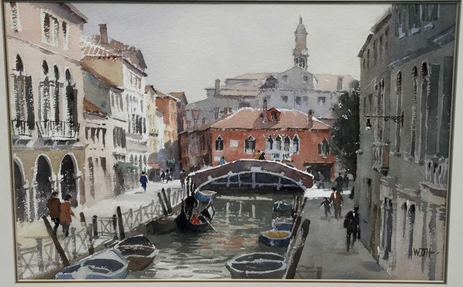 Lot 353 - Follower of Edward Seago, watercolour - Venetian Canal, signed with initials W.O.H., 31cm x 46cm, in glazed gilt frame