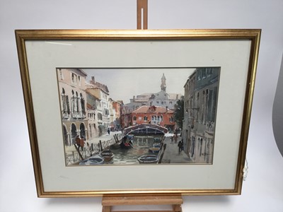 Lot 353 - Follower of Edward Seago, watercolour - Venetian Canal, signed with initials W.O.H., 31cm x 46cm, in glazed gilt frame