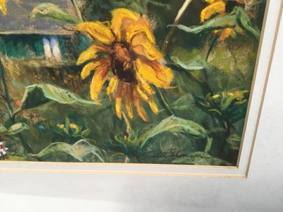 Lot 365 - Lynette Singers, contemporary, pastel - Sunflowers in Monet's Garden, signed, 19.5cm x 25cm, in glazed gilt frame