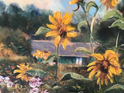 Lot 365 - Lynette Singers, contemporary, pastel - Sunflowers in Monet's Garden, signed, 19.5cm x 25cm, in glazed gilt frame
