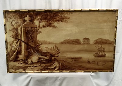 Lot 367 - William Fielding, 20th century, sepia grisaille on board - An estuary view with hunting trophies, signed Provenance: The Lady Elizabeth Shakerley Collection...