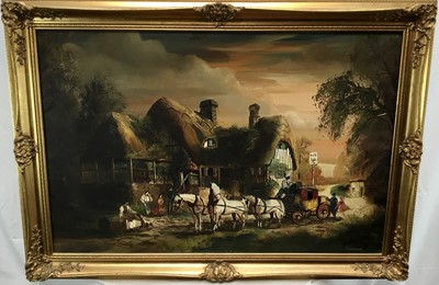 Lot 378 - 19th century-style oil on canvas - coach and four before an inn, indistinctly signed, 59cm x 89cm, in gilt frame
