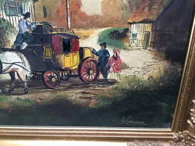 Lot 378 - 19th century-style oil on canvas - coach and four before an inn, indistinctly signed, 59cm x 89cm, in gilt frame