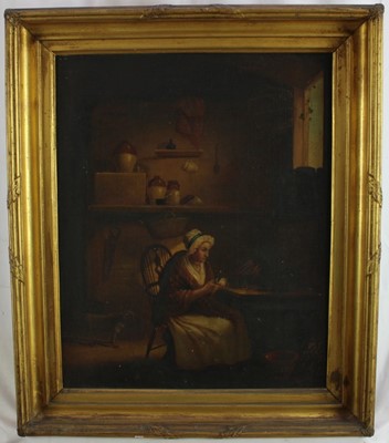 Lot 287 - English School, 19th century, oil on canvas - interior scene with a lady peeling vegetables, dog beside, 48cm x 39cm, in gilt frame